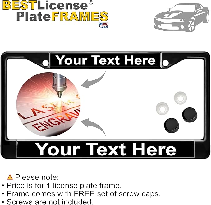Custom Personalized Black Powder-Coated Metal Laser Engraved Standard Size - Car/Automobile License Plate Frame with Free caps - Black/White Text (Qty: 1 Frame)
