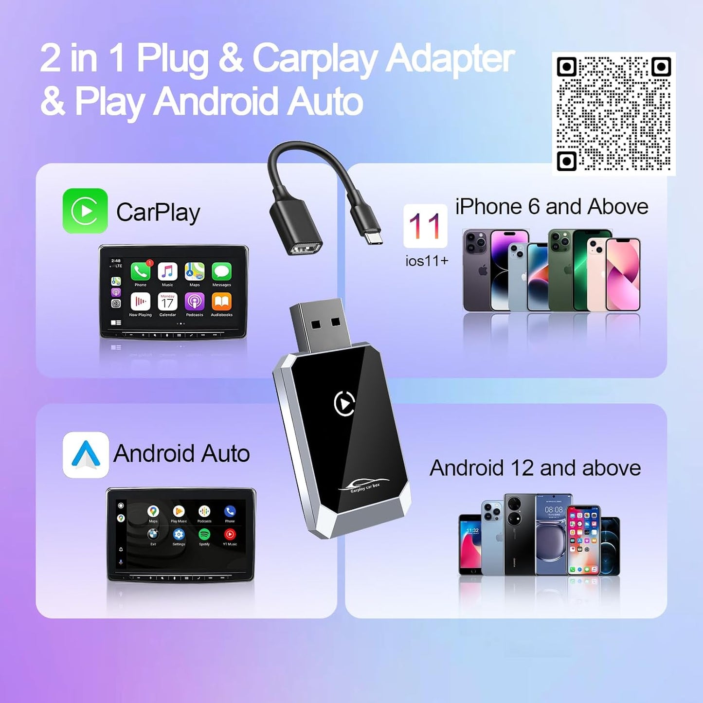 Mini Wireless Carplay Adapter for iPhone&Android Auto 2-in-1, 2025 Upgrade Wired CarPlay to Wireless, Supports Voice Assistant, Plug and Play Car Play for iOS 11+&Android 12+