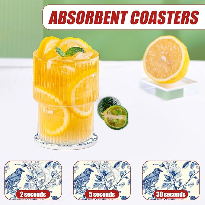 Blue Bird Floral Car Coasters for Cup Holders, Absorbent Ceramic Car Coaster Car Cup Holder Coaster Car Accessories for Women Men (2 Pack)