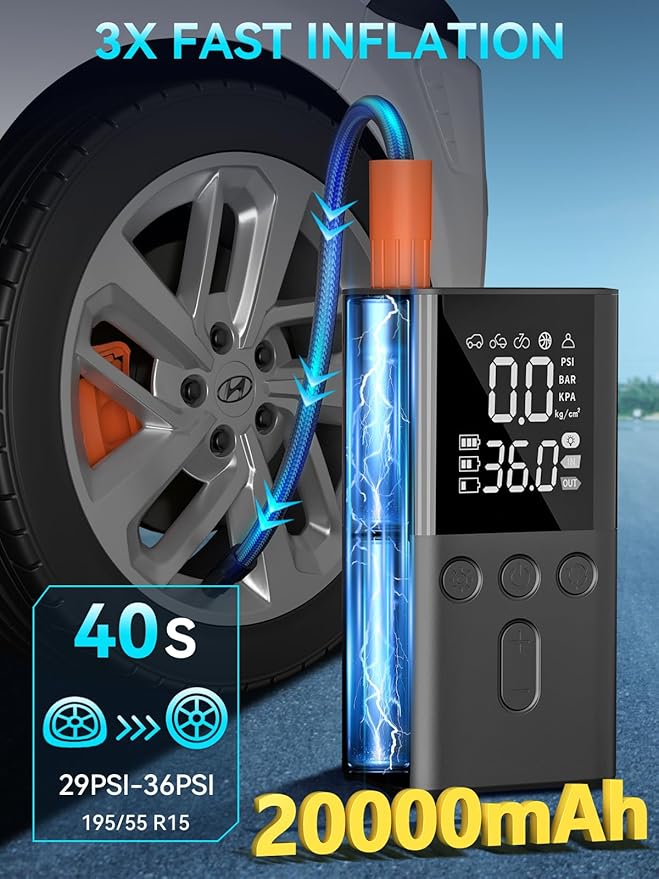 Tire Inflator Portable Air Compressor 20000mAh Air Pump for Car Tires 150 PSI Cordless Electric Tire Air Pump Portable for Car, Motorcycle, Bicycle Wheel Tire and More
