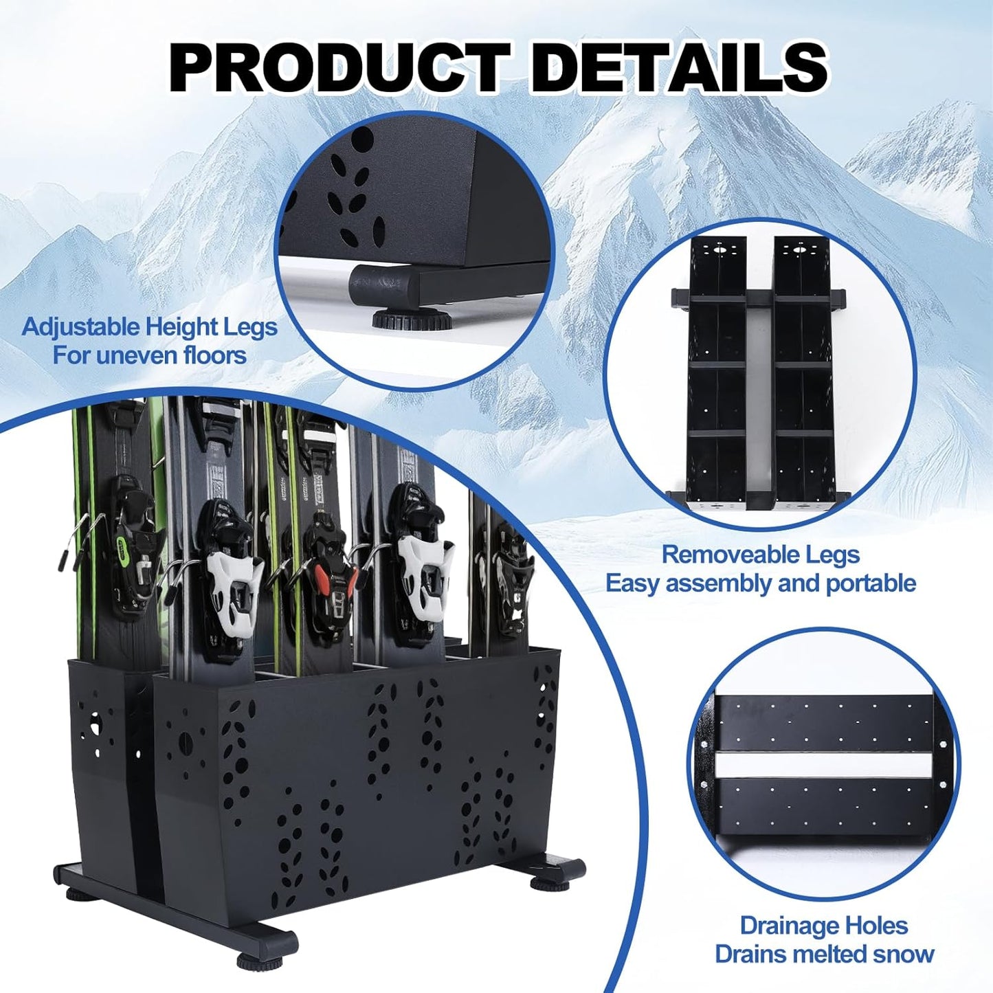 Freestanding Ski Storage Rack for 8 Pairs, Floor Stand Ski Organizer Rack, Heavy Duty Alloy Steel Ski Holders Ski Organizer, Freestanding Ski Organizer for Garage Basement