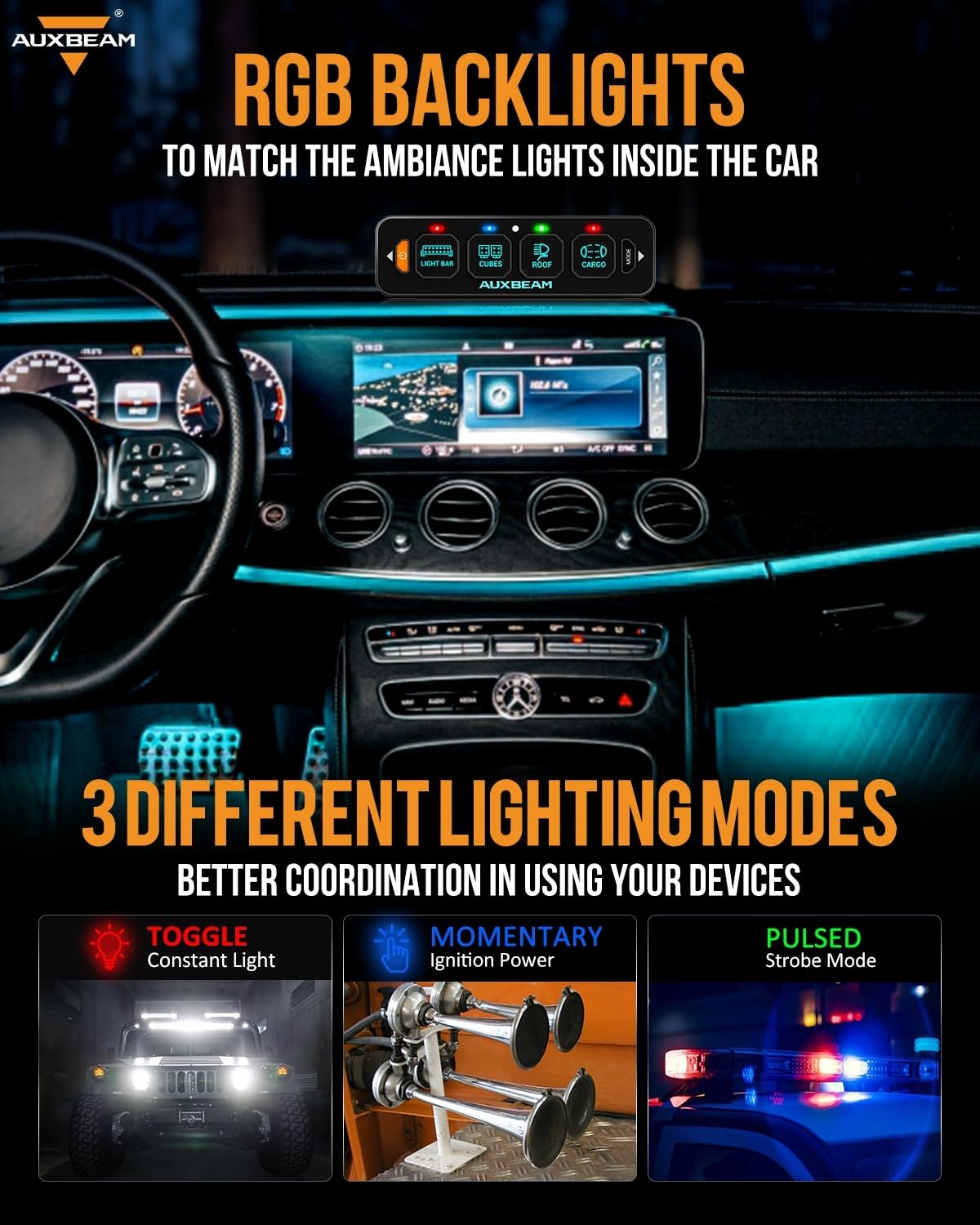 Auxbeam 4 Gang Slim Switch Panel Bluetooth RGB AS-400 with APP&Remote Control Toggle Momentary Pulsed Switch Pod Off Backlight for Truck Offroad UTV ATV Car Marine 12-24V Waterproof, 2 Years Warranty