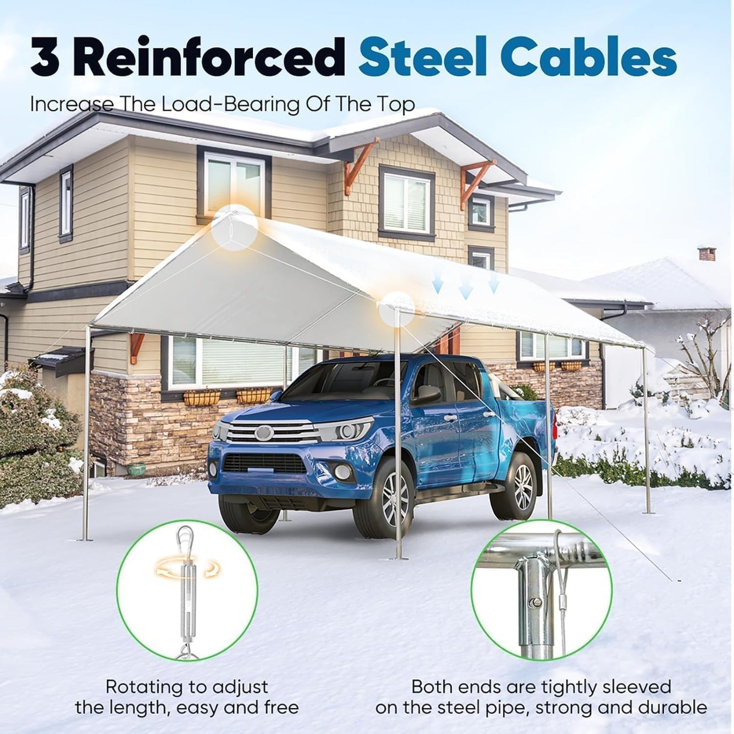 Quictent 10x15 ft Heavy Duty Car Canopy Galvanized Frame Carport Outdoor Party Tent Boat Shelter with 3 Reinforced Steel Cables - White