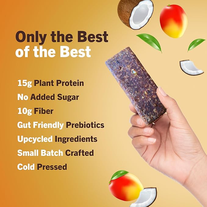 Amrita Nut Free Vegan Protein Bars (12 Count) | Mango Coconut 15g Plant-Based Protein Bar | Peanut-Free, Gluten Free, and Dairy-Free | No Added Sugar, High Fiber, Healthy Snacks for Kids/Adults