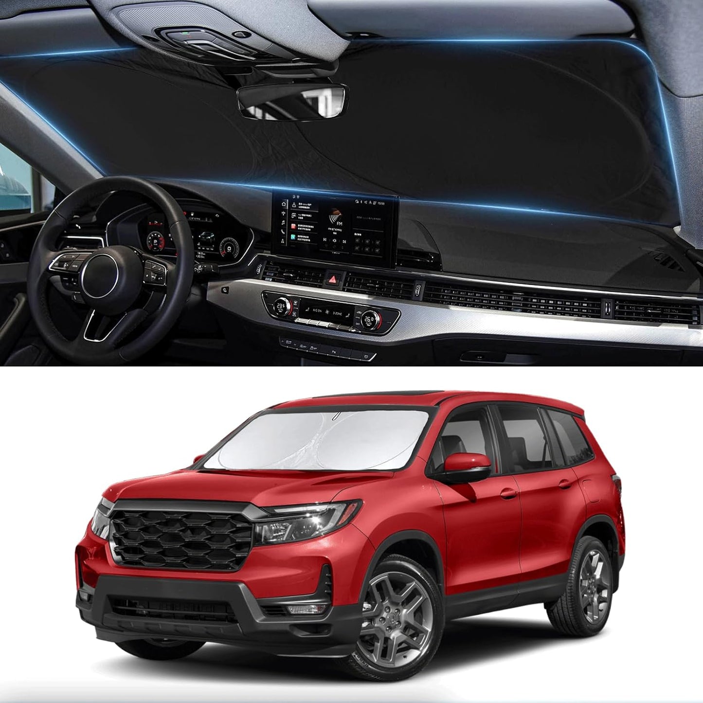 Custom Fit Passport Windshield Sunshade for 2019-2024 2025 Honda Passport, Sport, EX-L, Touring, Eliten, SUV Accessories Front Window Shades Cover for Windshield Sun Visor Protector 210T Reflector