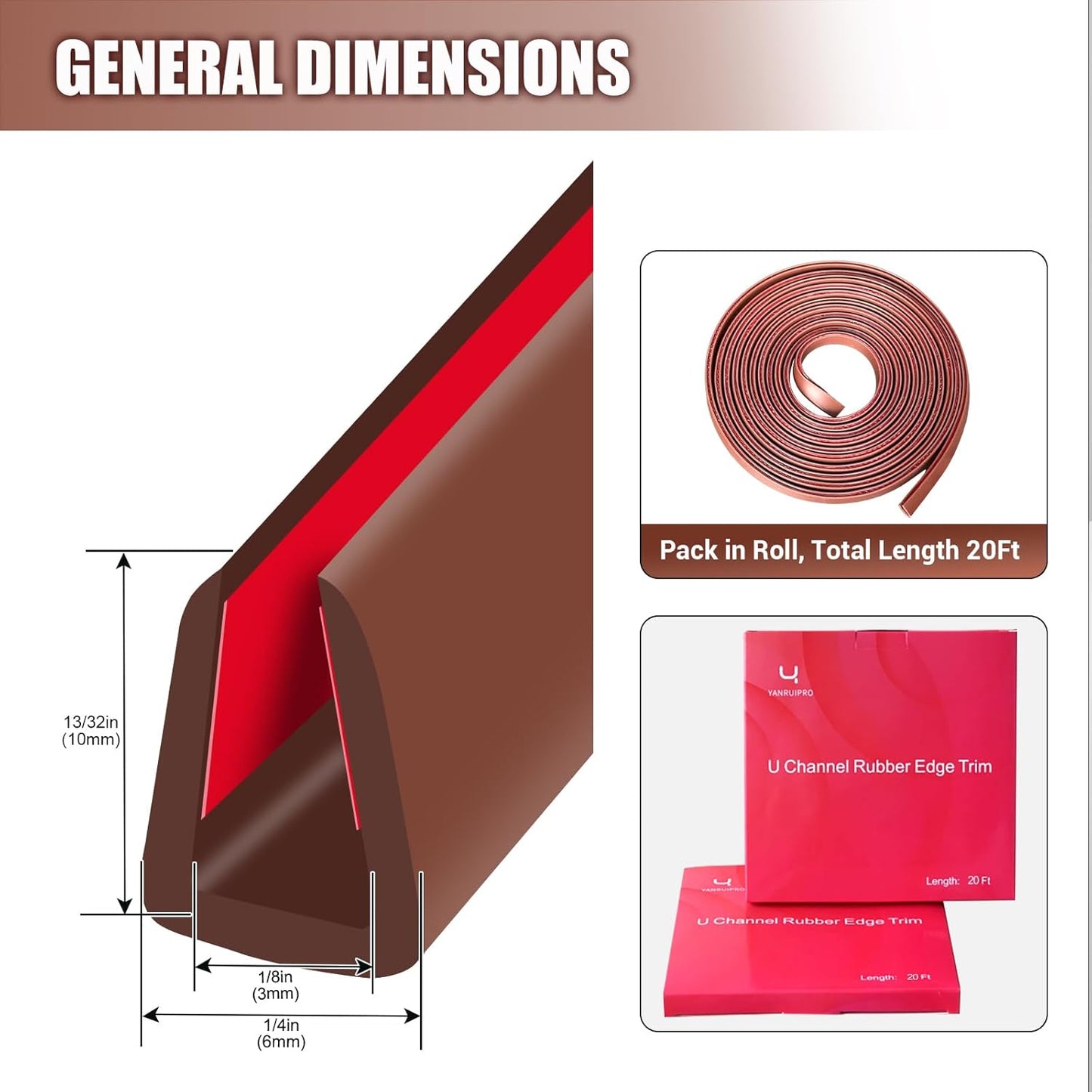 Rubber Edge Trim, Flexible Edge Trim for Sharp Edge, 1/8" U Channel Edge Protector, Self Adhesive Edge Guards for Plywood and Glass Parts, 20Ft, Brown Color