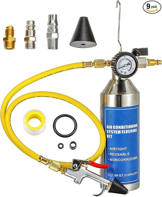 AC Flush Kit, Automotive air Conditioning Pipeline Cleaning Tool Home A/C Flush Tool,R134A R12 R22 R404 R410A AC System Flush Kit Can Tool with 220PSI Gauge, Air Fittings and Hose