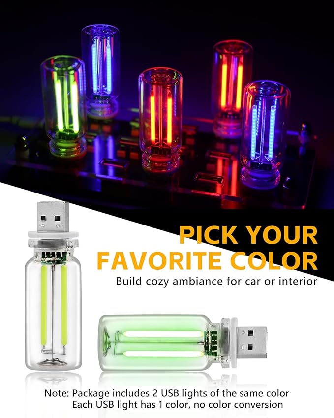 2PCS USB Car Lights, Touch Adjustment Lights, Plug in USB Vehicle Interior Ambient Light, Mini LED Retro Bulb Clear Glass Night Light for Car, Camping, Holiday Decoration, Party, Bedroom (Green)