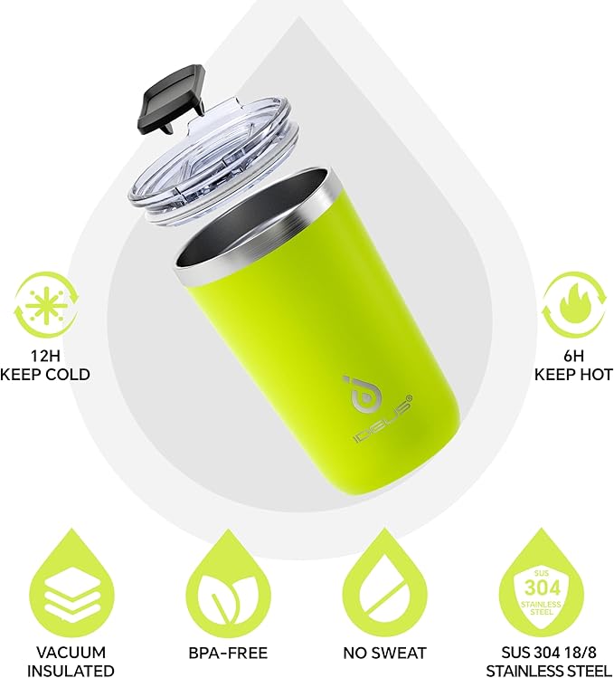 Ideus 20 oz Tumbler, Travel Coffee Mug with Splash Proof Sliding Lid, Double Wall Stainless Steel Vacuum Insulated Coffee Mug for Home and Office, Keep Beverages Hot or Cold, Apple Green
