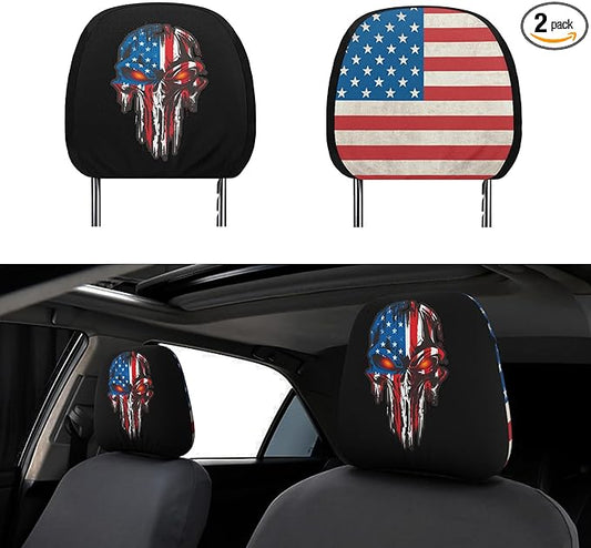 American Flag Skull Car Headrest Covers 2 Pack – Double-Sided Patriotic Skull & USA Flag Design – Universal Fit Stretch Seat Headrest Protector for Cars, SUVs, Trucks