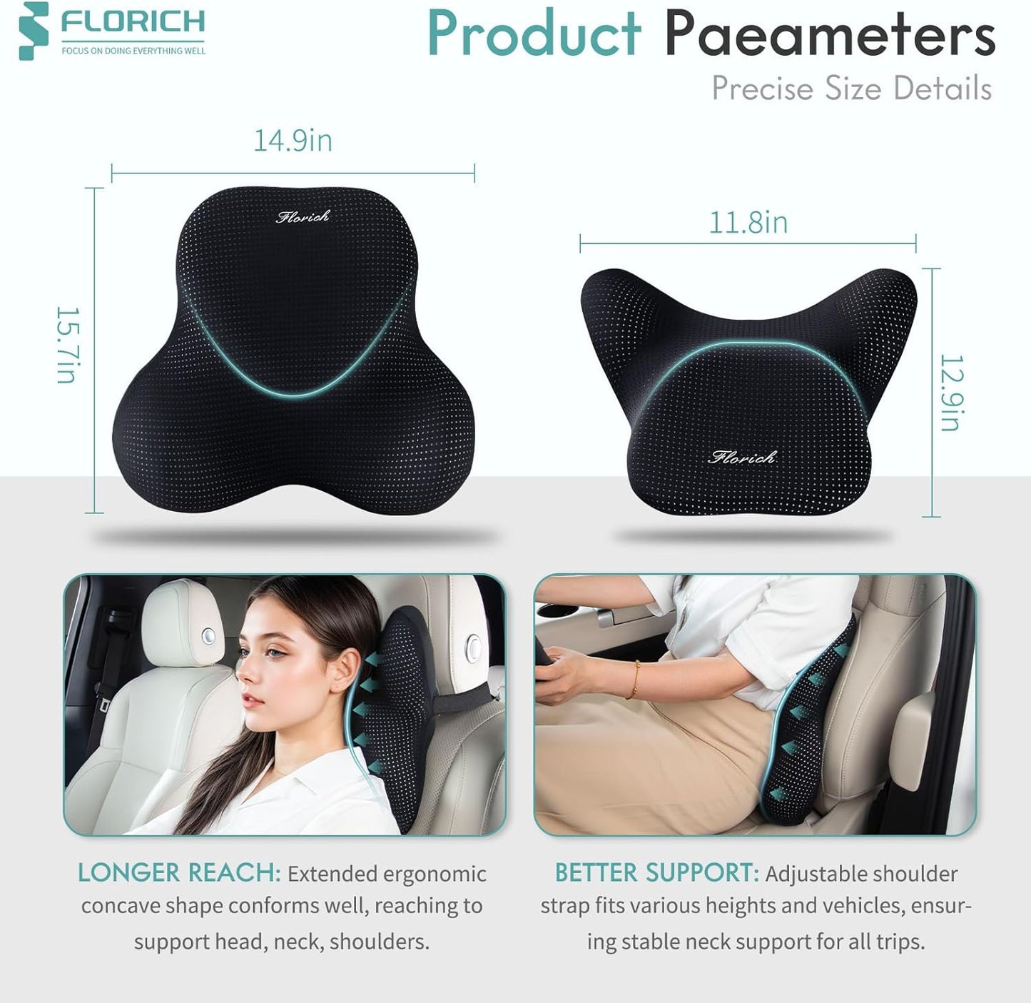 FLORICH Lumbar Support Pillow and Neck Headrest Pillow for Office Chair Car, Ergonomic Memory Foam, Relieves Neck, Back Pain, Pressure-Relieving Back Support for Car, Office Chair & Wheelchair – Black