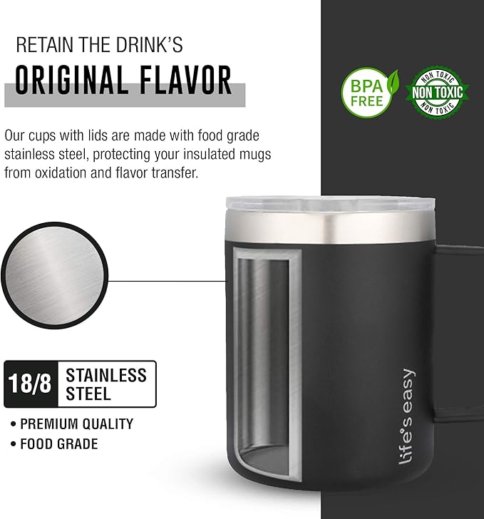 Life's Easy 12 oz Stainless Steel Mug w/Handle - Double Wall Insulated Travel Tumbler w/Flip Lid - Leak Proof Tumbler-Thermal Cup for Coffee, Tea & More - Keep Hot & Cold Drinks (Onyx, 12 oz)