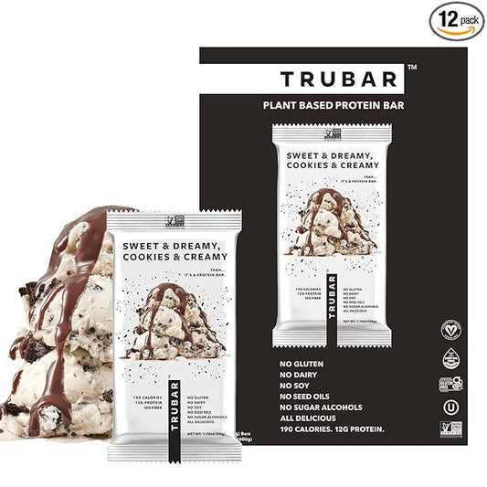TRUBAR Vegan Protein Bar, Sweet & Dreamy Cookies and Creamy, Gluten Free, Plant Based Protein, Dairy Free, Non GMO, Soy Free, No Sugar Alcohols, 12G Protein, 12G Fiber, 23G Carb, On the Go Snack Bars, 12ct