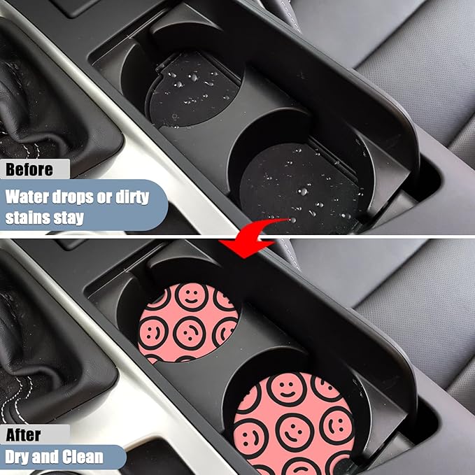Car Cup Holder Coaster - Smiley Face Absorbent Ceramic Coaster 2 Pack, Car Coasters for Cup Holders, Fashion Car Interior Accessories Drink Coaster for Women & Men