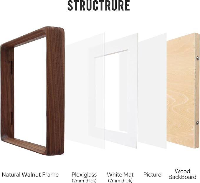 Natural 8x8 Picture Frame with Mat for Pictures 6x6, Square Standing Desk Photo Frame, Plexiglass,Solid Walnut Wood，Tabletop and Wall Hanging
