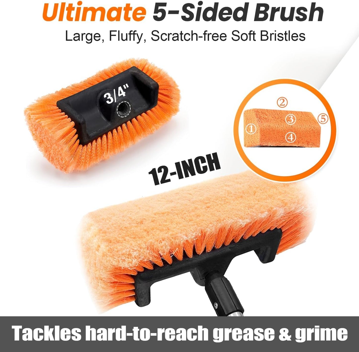 65" Car Wash Brush with Extension Pole, Car Wash 12" Dip Soft Five-Sided Brush, No Scratch Car Cleaning Brush Supplies for RV Boat Truck SUV, House Siding, Snow