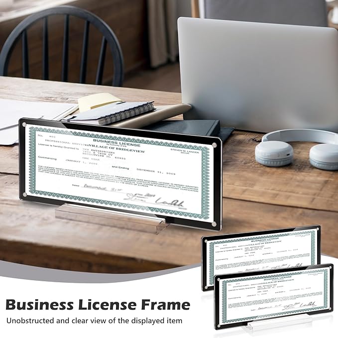 2 Pack 4x10 Business License Holder Magnetic Acrylic Business License Display Frame with Base Black Business License Certificate Frame Tabletop for Desk Office House
