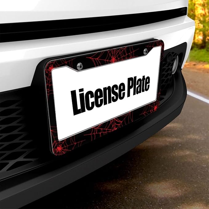 Red Spider Web License Plate Frame - 1 Pack Novelty Black Cobweb License Plate Holder，Aluminum Metal Car Tag Cover with 2 Holes and Screws，Customized Decorative for US Vehicle Standard for Women Men