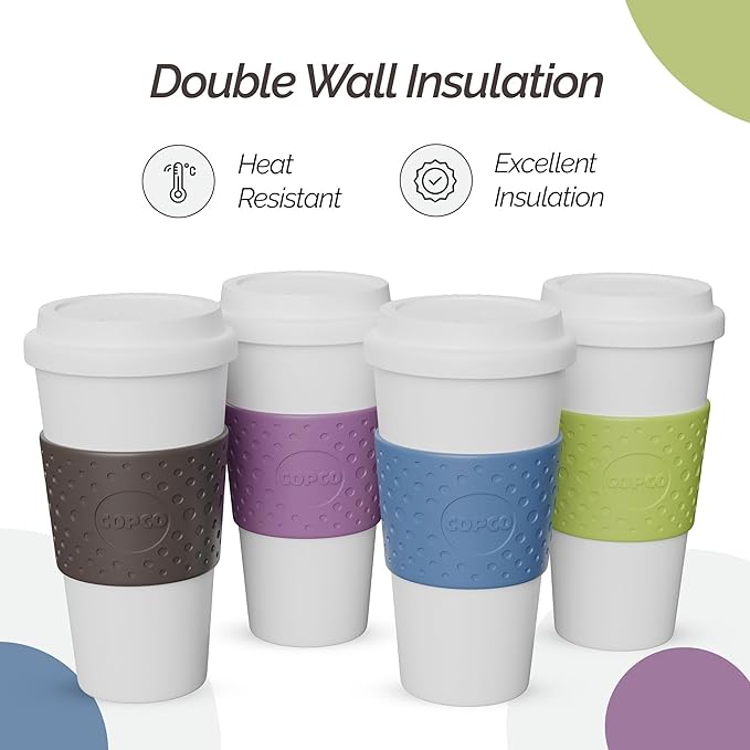 Copco Acadia Travel Mug (4-Pack), 16oz Insulated Coffee Mug with Double-Walled Plastic, Leak-Proof Lid - Microwave & Dishwasher Safe, Non-Slip Sleeve, Hot & Cold Drinks - Light Colors