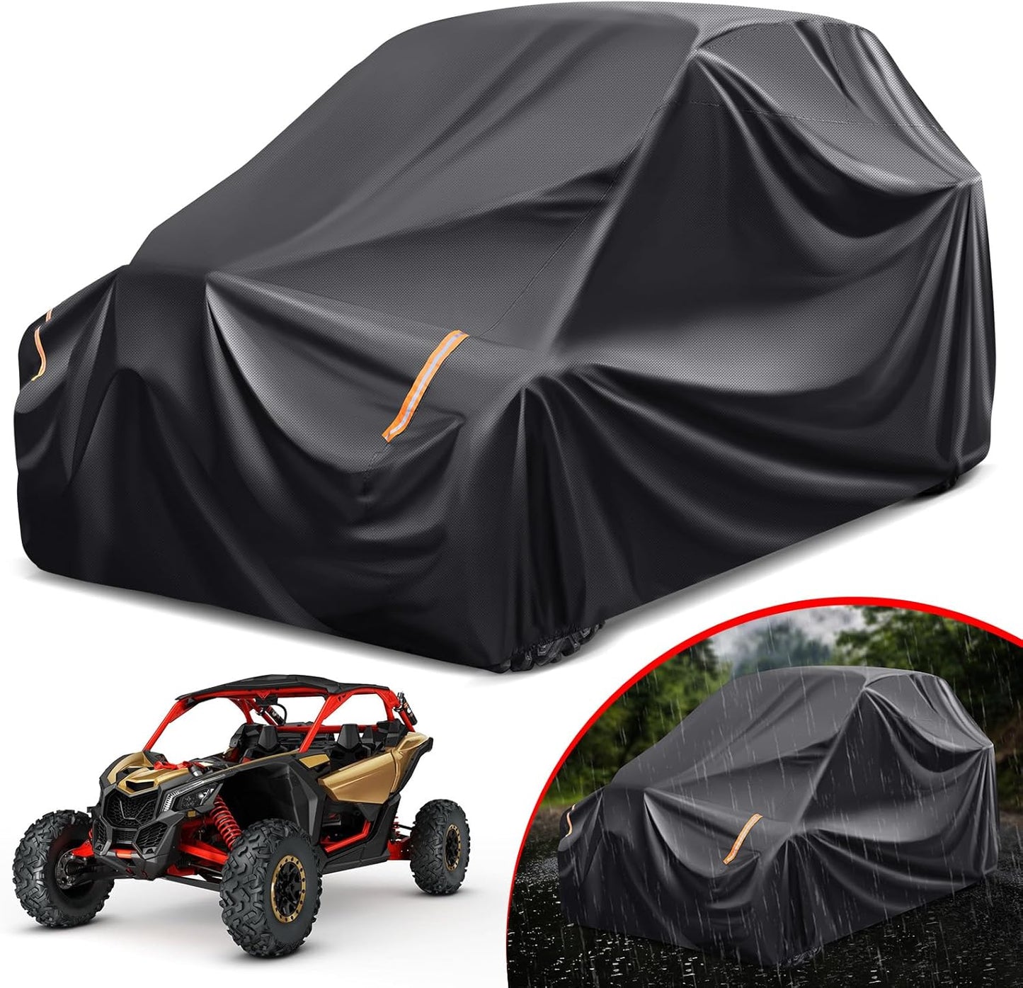 Benlari Heavy Duty UTV Cover - 420D Waterproof Oxford Cloth, PU Coating, 2 Adjustable Windproof Buckles, 4 Wheel Tie-downs and Reflective Strips for Outdoor All-weather Protection (136" x 75" x 69")