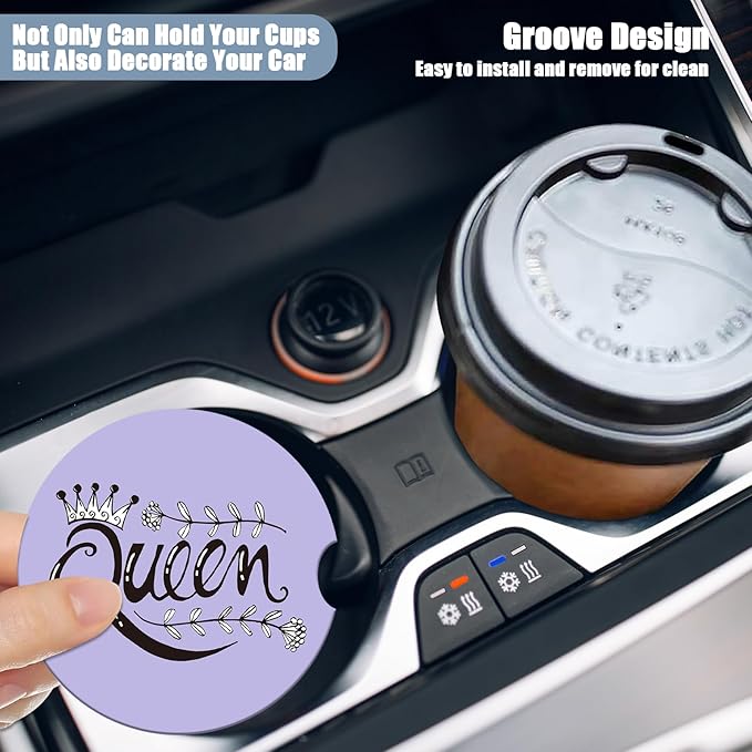 Purple Car Cup Holder Coaster - Queen Crown Absorbent Ceramic Coaster 2 Pack, Car Coasters for Cup Holders, Fashion Car Interior Accessories Drink Coaster for Women & Men