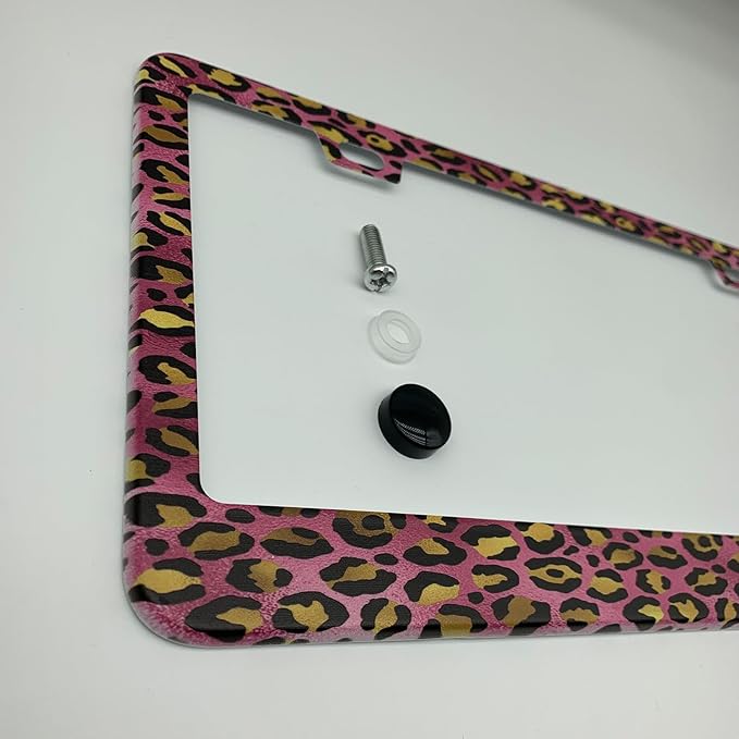 Pink Gold Leopard Pattern License Plate Frame Cover, Matte White Powder Coated Stainless Steel, Animal Print Auto Car Tag Frame with 2 Holes & Free Screws
