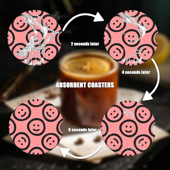 Car Cup Holder Coaster - Smiley Face Absorbent Ceramic Coaster 2 Pack, Car Coasters for Cup Holders, Fashion Car Interior Accessories Drink Coaster for Women & Men