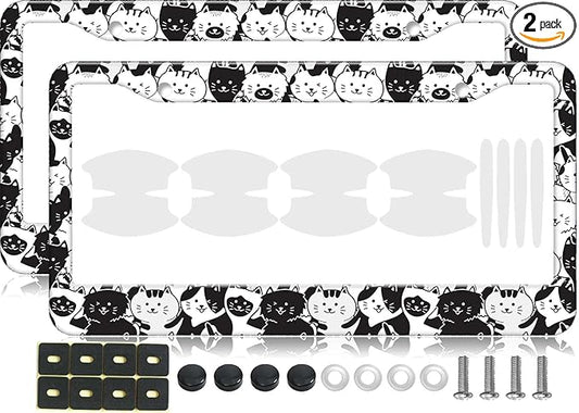 2PCS Black & White Cat Pattern License Plate Frames for Men Women - Universal Aluminum Stainless Steel Kitten Car Tag Covers Holder with Screws, Caps, Rattle Proof Pads and Handlebar Stickers