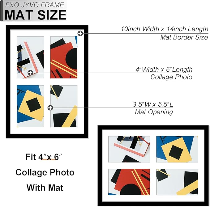 4x6 Picture Frame Collage Set of 3, Display 4 4x6 Picture Collage or 10x14 Photo Only Without Mat, Light Weight and High Transparent Frame for Wall - 3 Pack/Black/4-Openings
