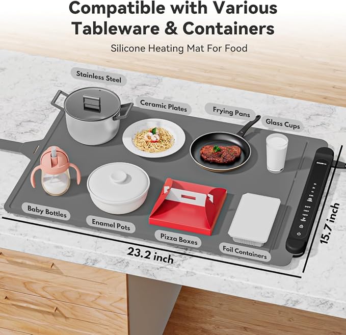 Food Warming Mat Electric Tray: Adjustable Silicone Heating Pad with 3 Temperature Settings 4 Timer Function Portable Roll Up Hot Plate for Buffets Party Gatherings Kitchen Countertop Black Gray