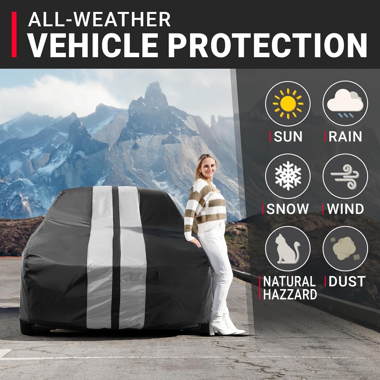 iCarCover Custom Car Cover for Chevy Caprice 2-Door, 4-Door (1966-1970) Waterproof All Weather Rain Snow UV Sun Protector Full Exterior Indoor Outdoor Car Cover (Stripe - Black/Gray)