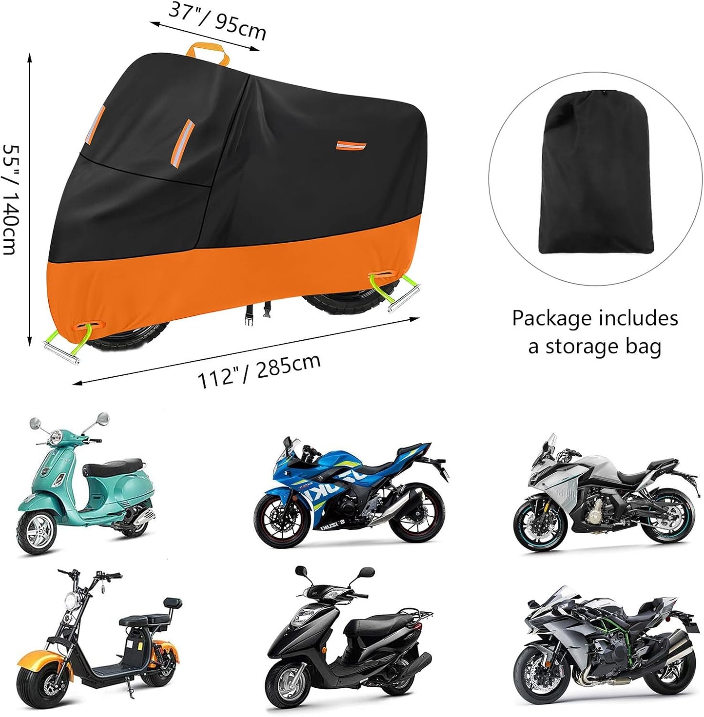 Motorcycle Cover 300D Oxford Motorcycle Covers Waterproof Outdoor Storage Fit up to 110 inch Harley Davidson Sportster Road King Street Glide Honda Goldwing Vulcan Yamaha (4XL: 108" x 37" x 55")
