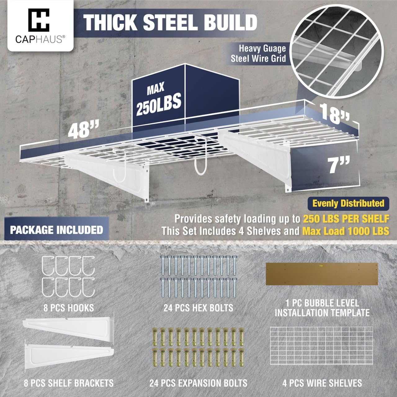 CAPHAUS Garage Wall Shelving, 96 in. W x 18 in. D Wall Mounted Garage Shelves w/ 4 Bike Hooks, Heavy Duty Organizer Shelf for Garage Storage System, Black or White
