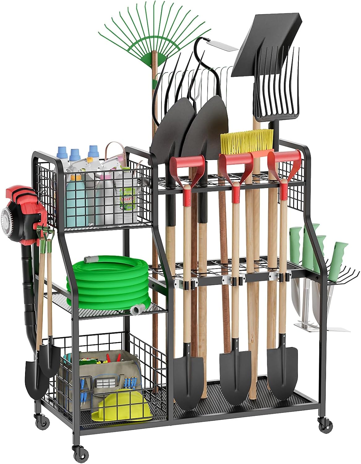 Garden Tool Organizer for Garage, 3 Tier Utility Yard Tool Organizer and Storage Holder with Wheels, Large Garden Tool Rack with Extra Storage Basket for Shed/Garage/Yard/Basement/Lawn