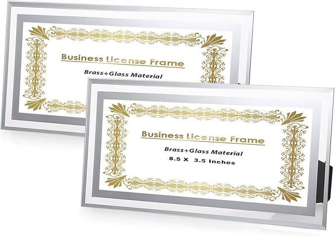 JUXYES 2 Pack Clear Glass Business License Frame for Wall and Tabletop - Display Picture or Retail Licenses, Transparent Certificate Holder for License Cosmetology Salon Esthetician, 3.5 x 8.5 Inches