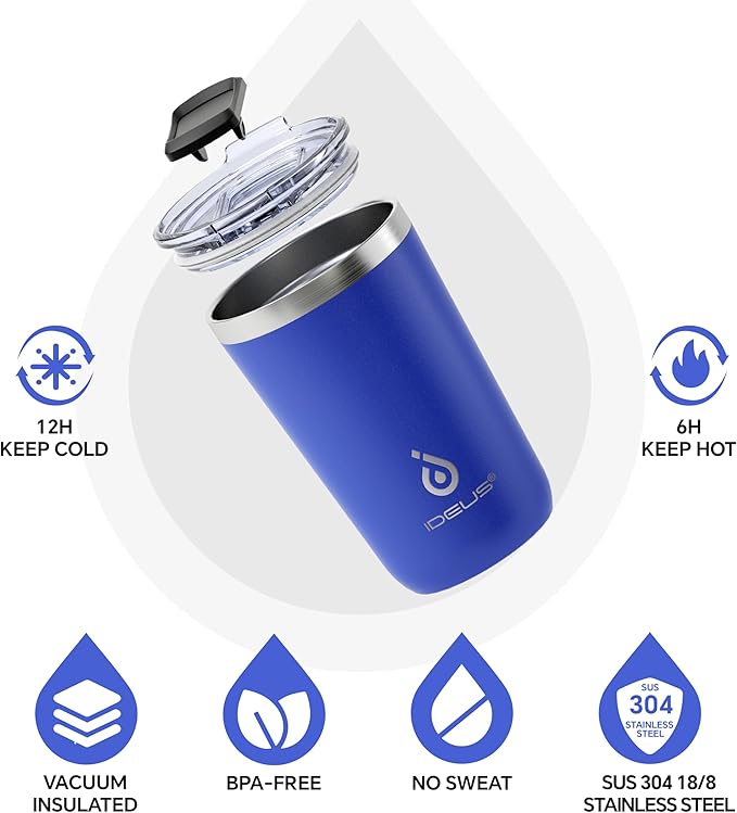 Ideus 20 oz Tumbler, Travel Coffee Mug with Splash Proof Sliding Lid, Double Wall Stainless Steel Vacuum Insulated Coffee Mug for Home and Office, Keep Beverages Hot or Cold, Peacock Blue