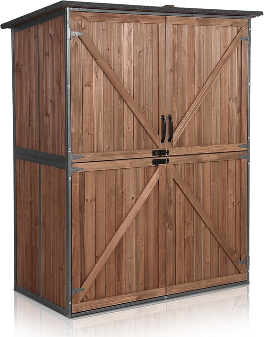Outdoor Storage Shed with Floor - Waterproof Natural Fir Cabinet with Adjustable Shelves and Double Lock for Anti-Theft - Suitable for Storing Garden Tools, and Household Debris (Deep Brown)