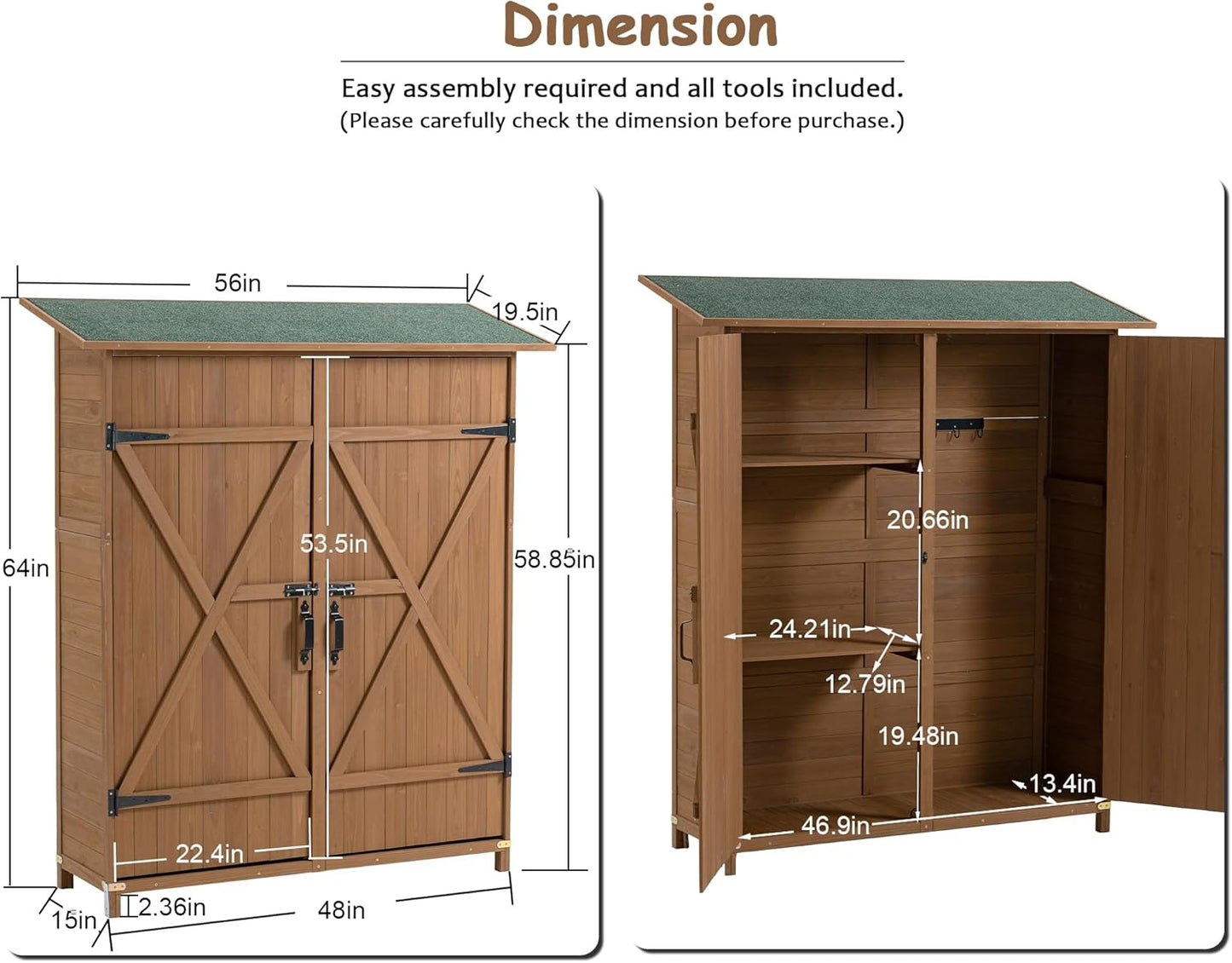 56" L x 19.5" W x 64" H Tall Outdoor Wooden Storage Shed with Lockable Doors, Waterproof Asphalt Roof, Removable Shelves for Garden Tools,Yellow Brown