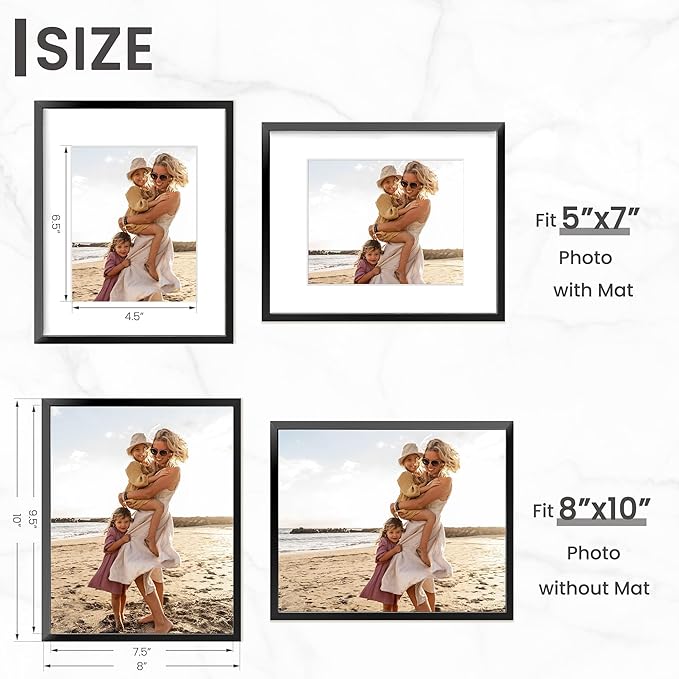 Heimlove 8x10 Aluminum Picture Frame,Metal photo Frame with Plexiglass 5x7 with Mat or 8 x 10 Without Mat Wall Mounting Horizontally or Vertically,Poster Frame- 3 Packs - Black