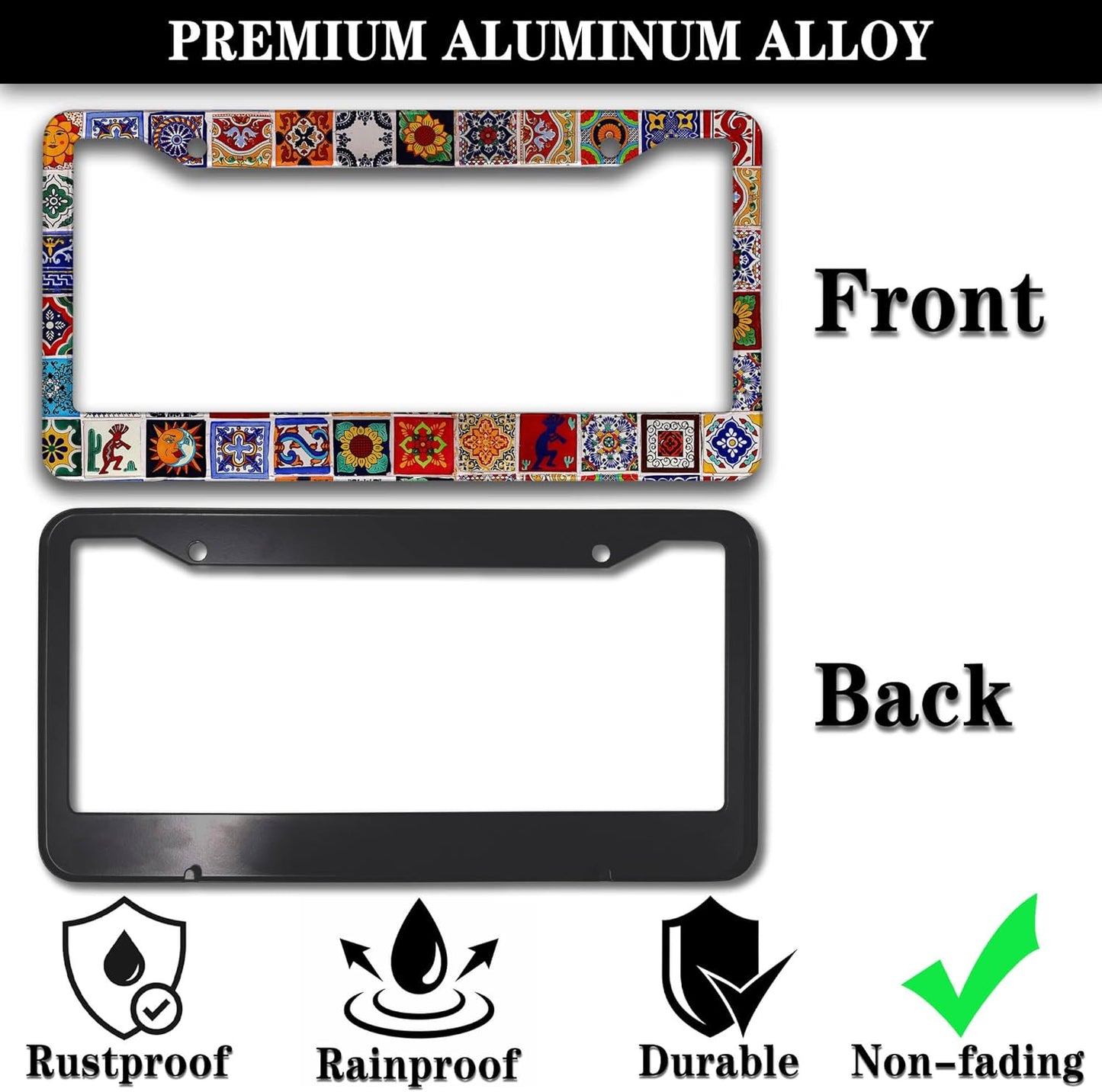 License Plate Protector for Women Multicolor License Plate Frames for Men Mexican Tiles Universal Aluminum Car Accessory 2 Pack with Screw Covers Set