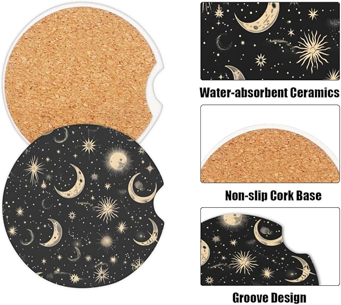 Cup Holder Coaster for Car, 2 Pack Car Coasters for Cup Holders, Moon & Stars Cork Base Car Cup Coasters for Drinks, Universal Funny Aesthetic Car Accessories for Women Men, Table Coaster Home Decor