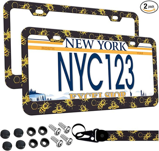 2-Pack Golden Honey Bee License Plate Frames, 2 Holes Honey Bee Gold Aluminum License Plate Holder for Women Man, Bee Themed License Plate Cover fits Vehicles with Keychain Wrist Lanyard