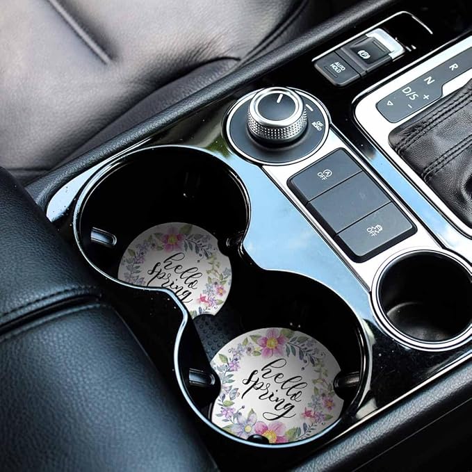 Hello Spring 2 Pack Car Cup Holder Coaster Anti Slip Insert Absorbent Ceramic Car Coaster with Cork Base and Finger Notch Cute Car Accessories Interior for Women Men