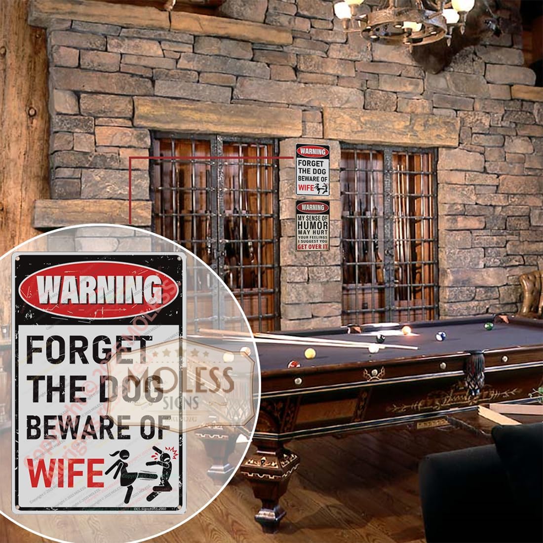 'Forget the Dog – Beware of Wife!' Funny Man Cave Decor for Men | 12x8″ Durable Vintage Metal Man Cave Signs Wall Decorations for Basement/Garage/Mancave, 2360