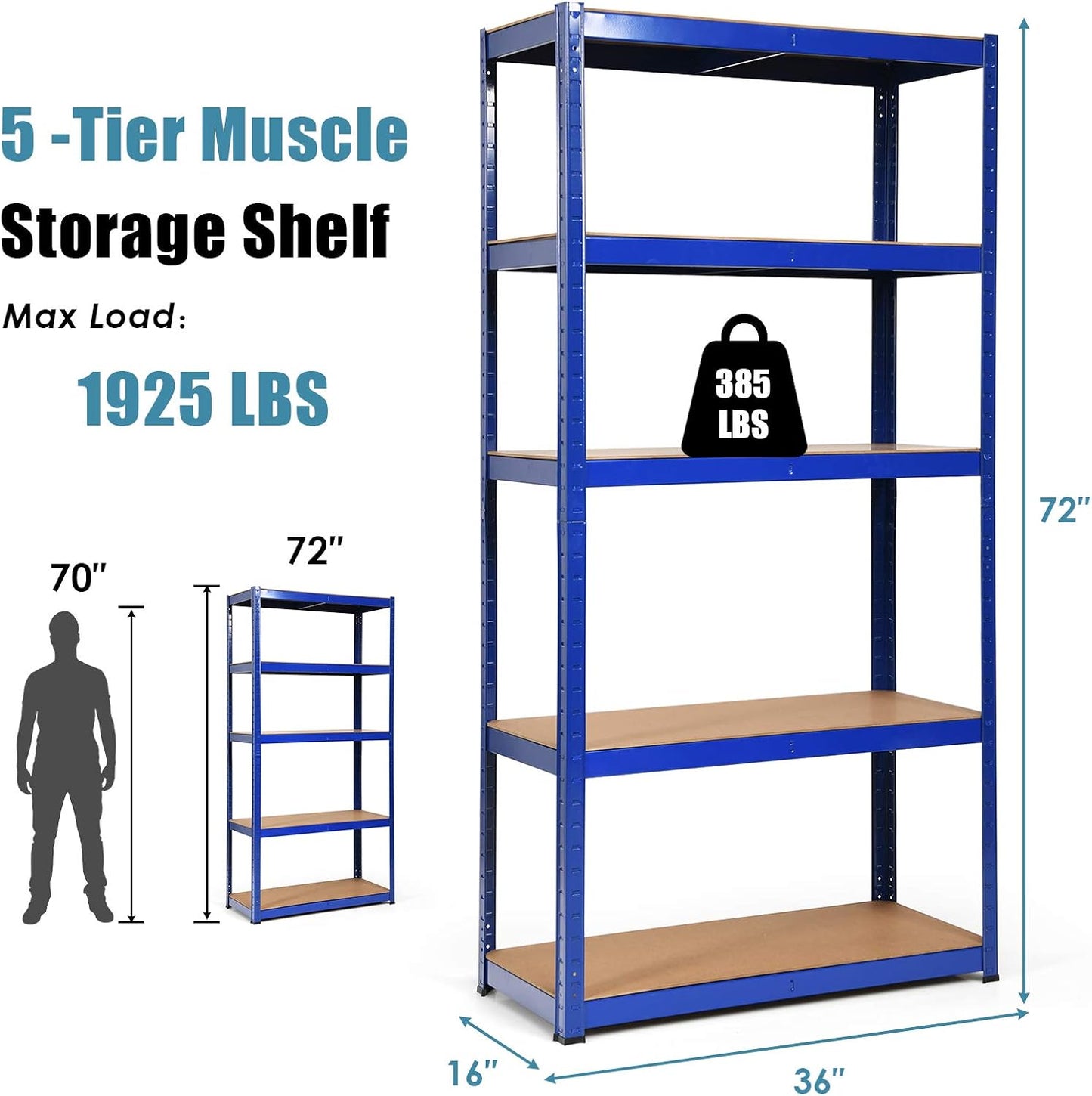 ERGOMASTER 5 Tier Utility Shelves Rack Garage Heavy Duty Steel Metal Shelving Unit with Adjustable Design, Bolt-Free Assembly & 380 LBS Wight Capacity Per Tier (Set of 4, Blue)
