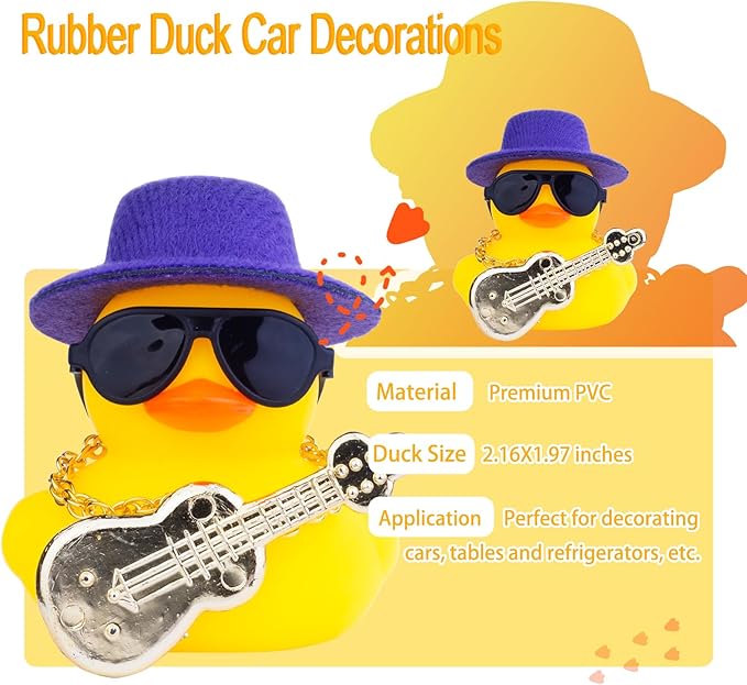 Car Rubber Duck Ornaments Yellow Duck Car Dashboard Decorations with Mini Top Hat Guitar Sunglasses Necklace(G5)