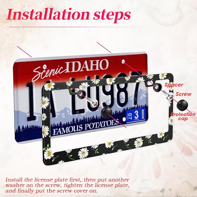 2PCS Daisy License Plate Holder with Leaf,Beautiful Chrysanthemum License Plate Frame, Personalized Floral Car Accessory Holder for Men and Women