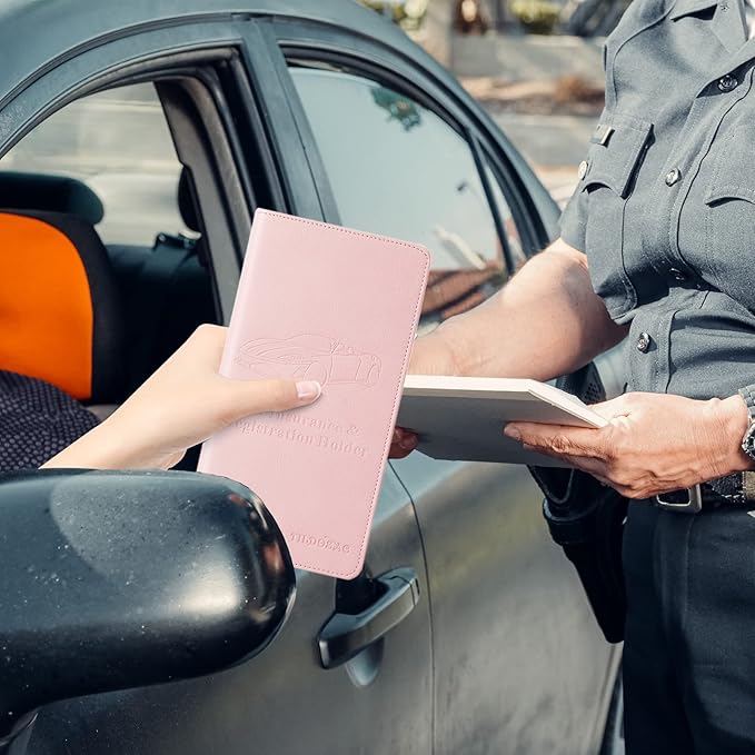 Leather Car Registration and Insurance Card Holder, Car Document Holder for Cards License with Magnetic Shut (Pink, large)