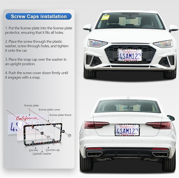 2pcs License Plate Protector Unbreakable License Plate Frames and Covers Set Front and Rear Clear License Plate Cover Butterfly Flowers License Plate Frames Fits Standard Us Plates with Screws Caps
