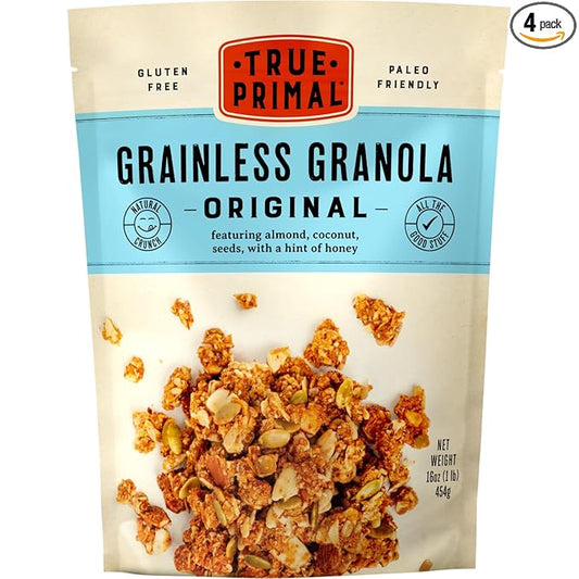 True Primal Grainless Granola Original. Made with honey. Gluten free. Grain free. (formerly Steve's PaleoGoods PaleoKrunch) 1 lb pouches 4-pack